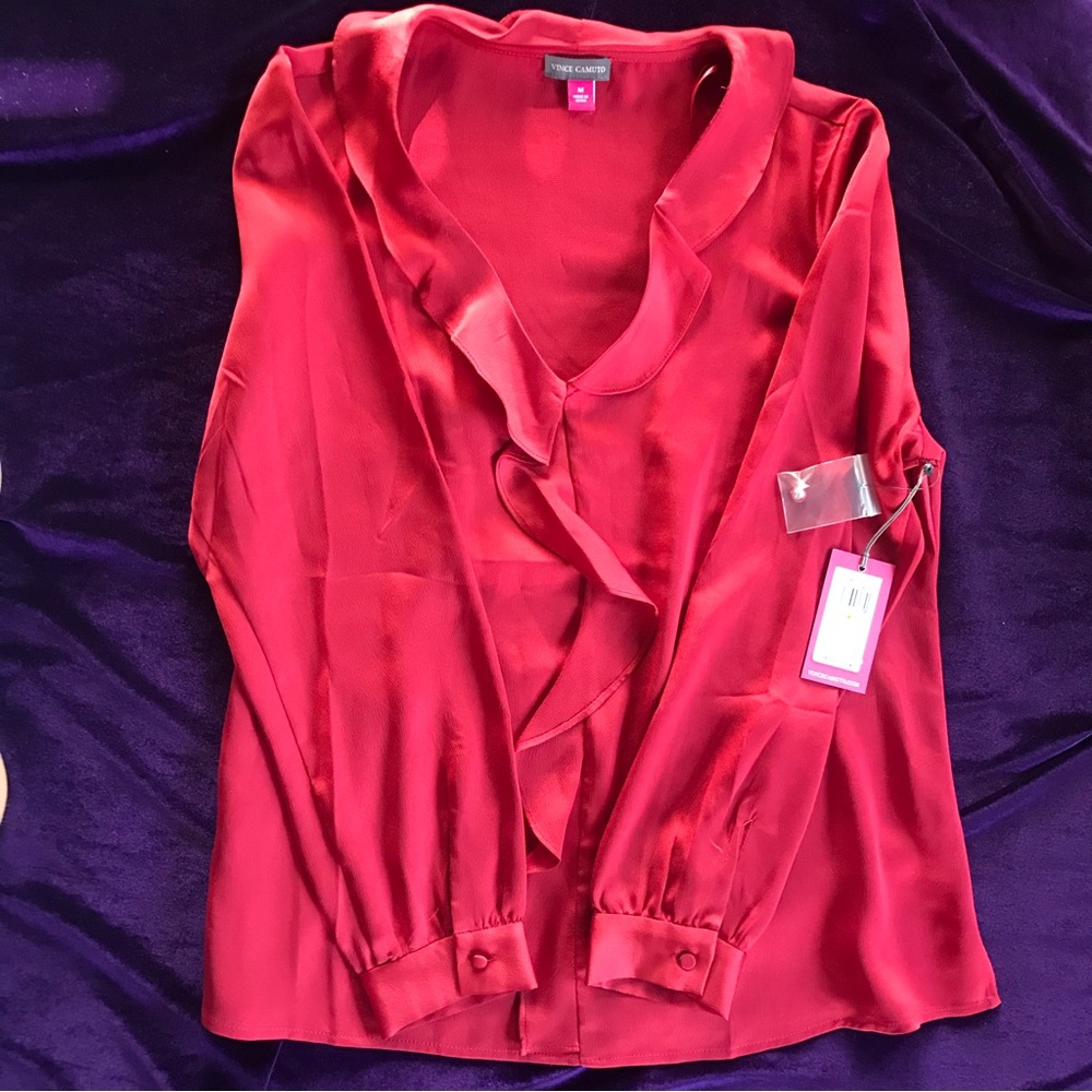 vince camuto red silky blouse m nwt!